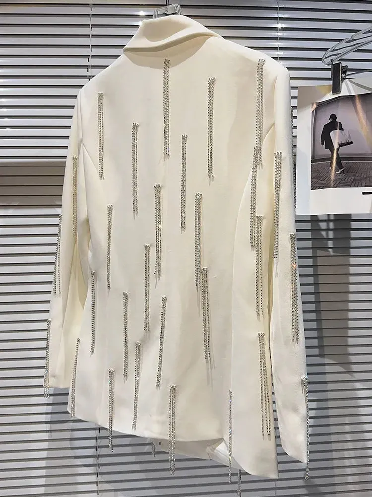 Spliced Tassel Blazers For Women Notched Collar Long Sleeve Patchwork Button Loose Blazer Female Fashion Clothing
