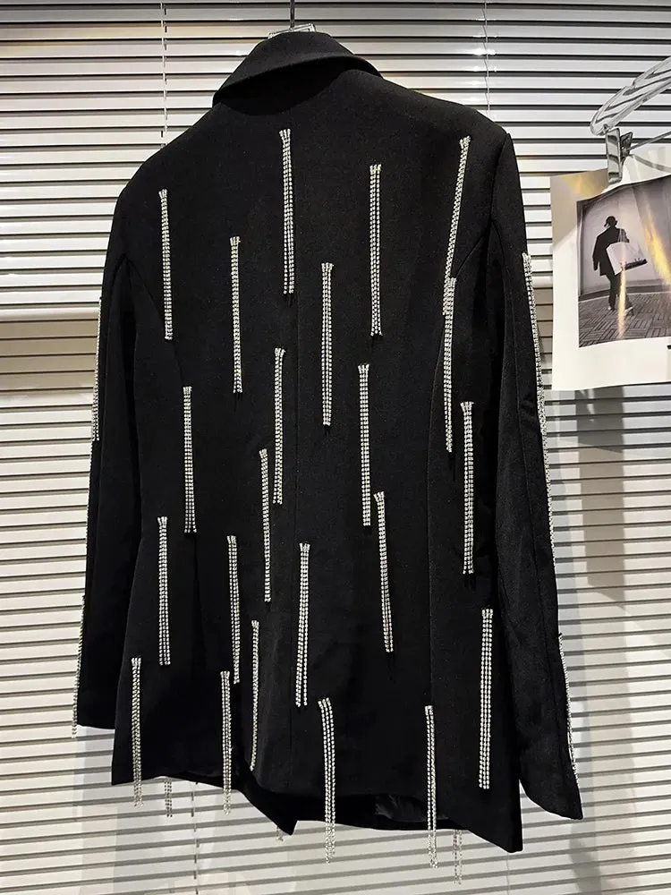 Spliced Tassel Blazers For Women Notched Collar Long Sleeve Patchwork Button Loose Blazer Female Fashion Clothing