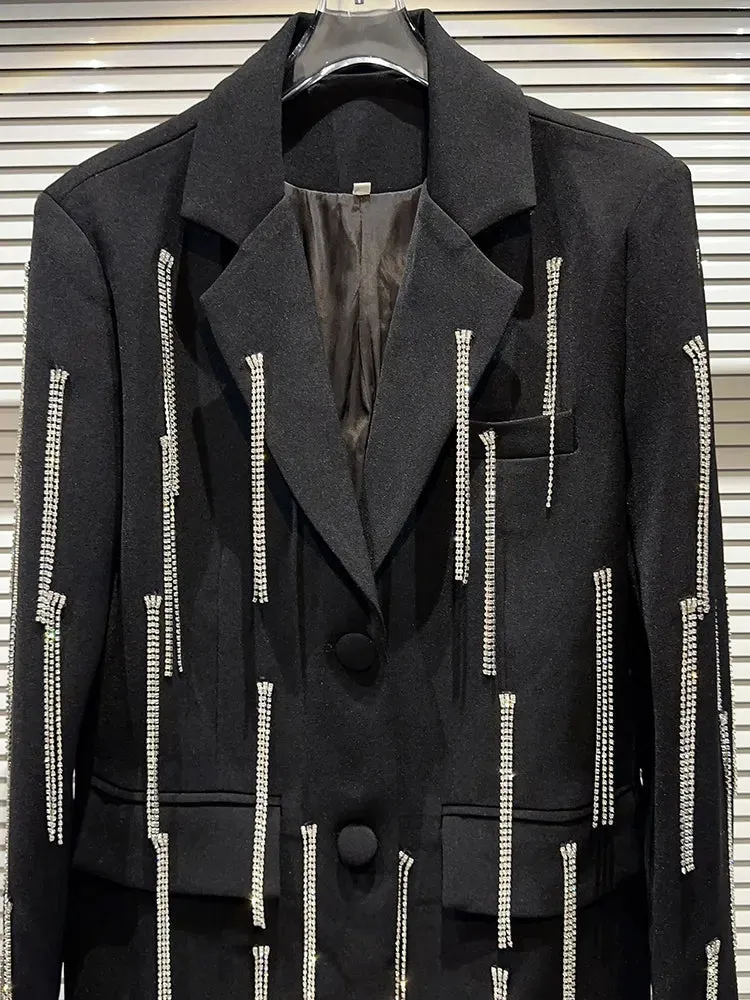 Spliced Tassel Blazers For Women Notched Collar Long Sleeve Patchwork Button Loose Blazer Female Fashion Clothing
