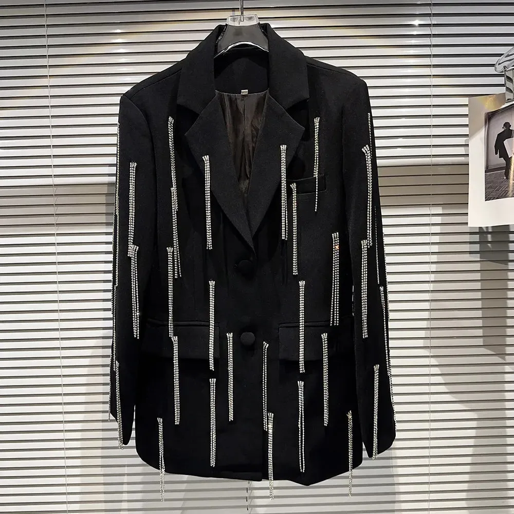 Spliced Tassel Blazers For Women Notched Collar Long Sleeve Patchwork Button Loose Blazer Female Fashion Clothing