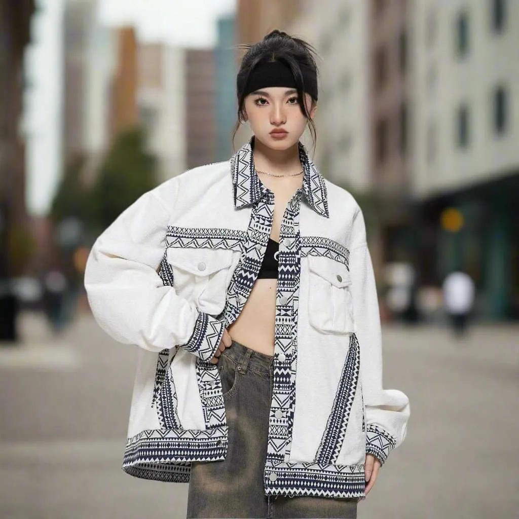 Unisex White Ethnic Pattern Jacket
