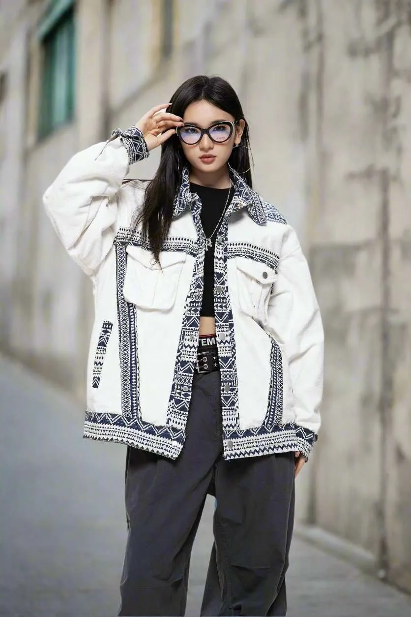 Unisex White Ethnic Pattern Jacket