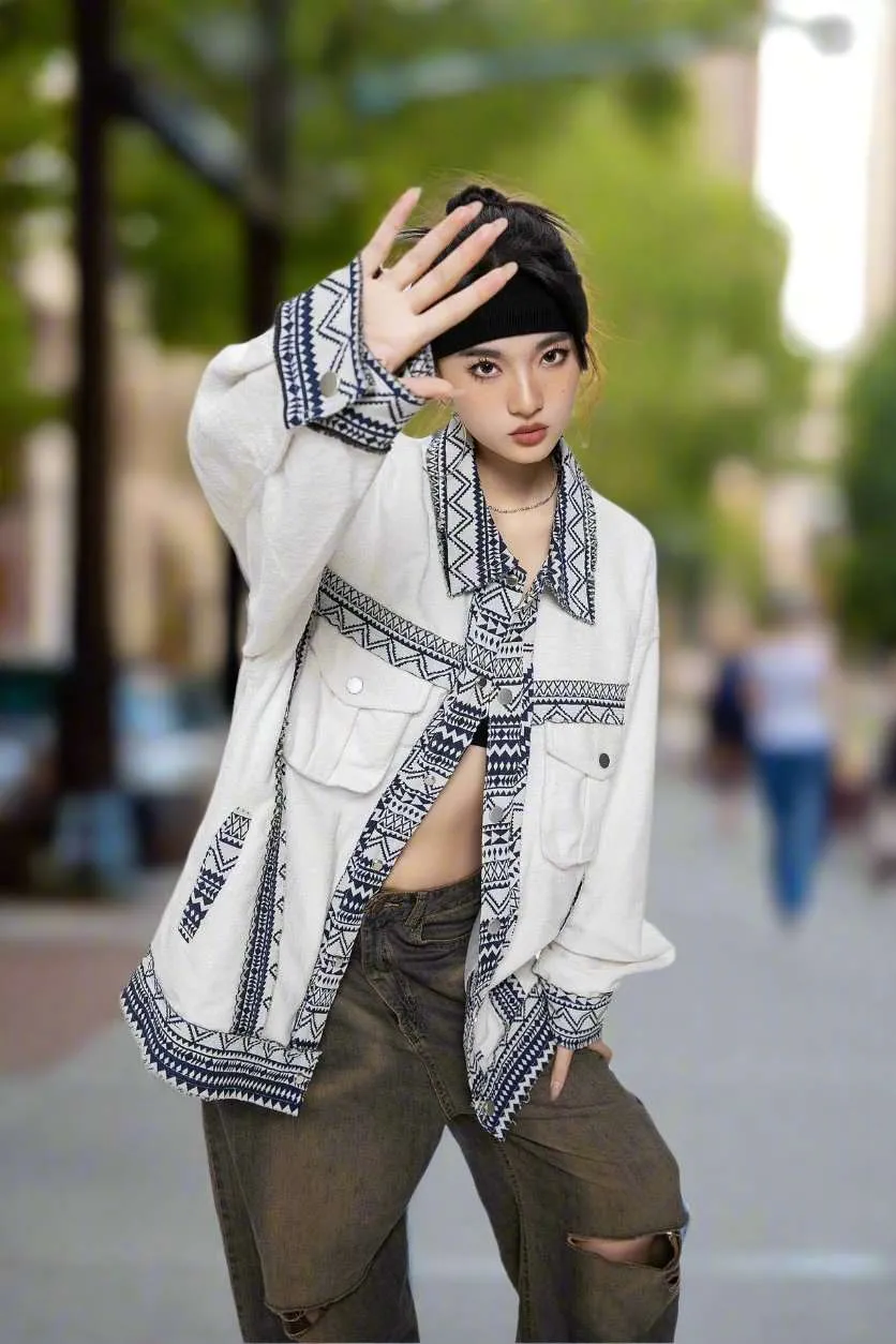Unisex White Ethnic Pattern Jacket