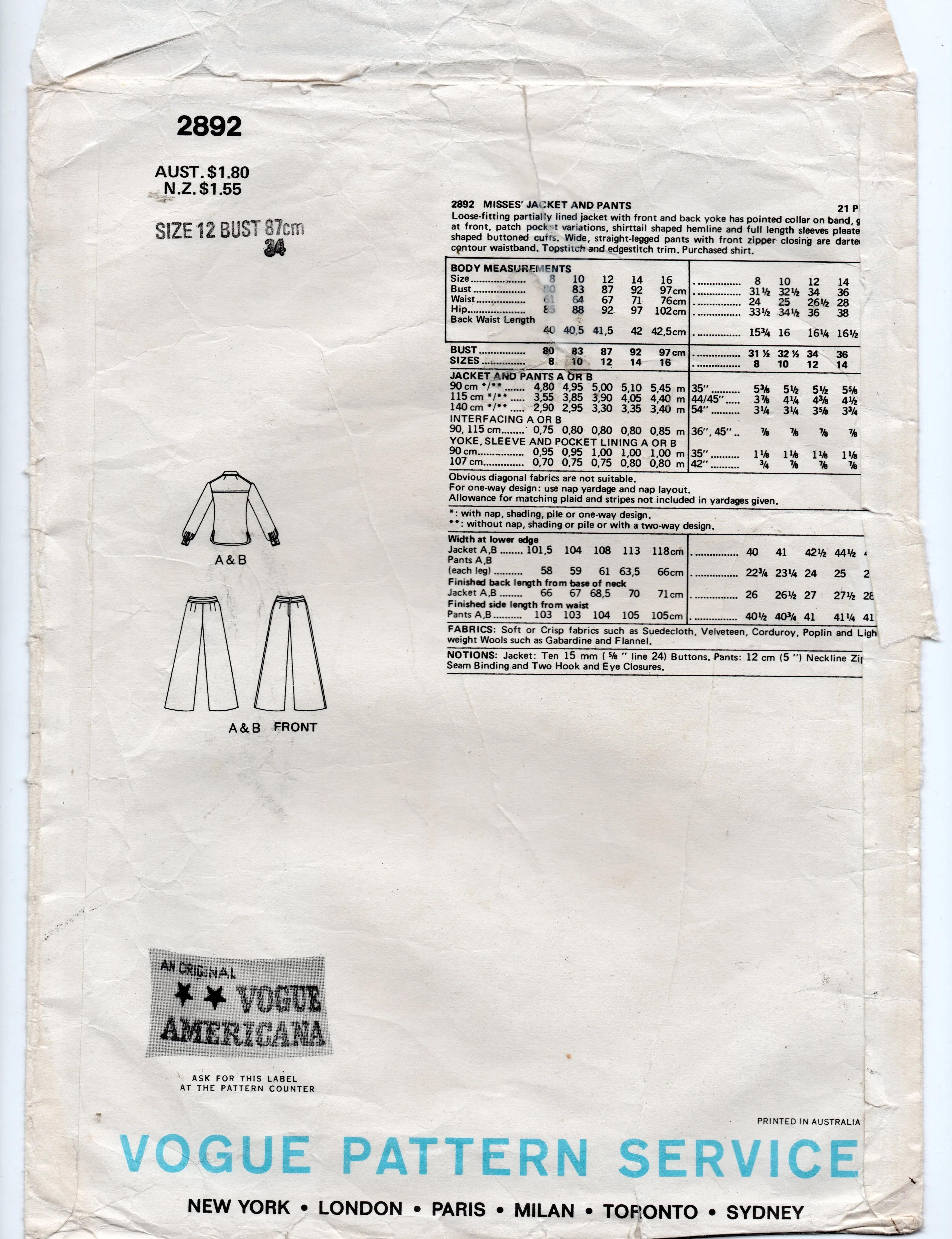 Vogue Americana 2892 CHUCK HOWARD Womens Jacket & Flared Leg Pants 1970s Vintage Sewing Pattern Size 12 Bust 34 inches