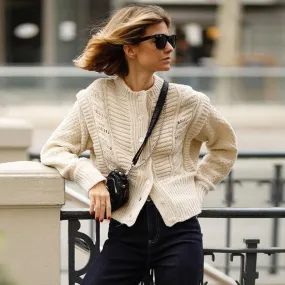 Whiskering Trim Button Down Long Sleeve Cardigan - Cream