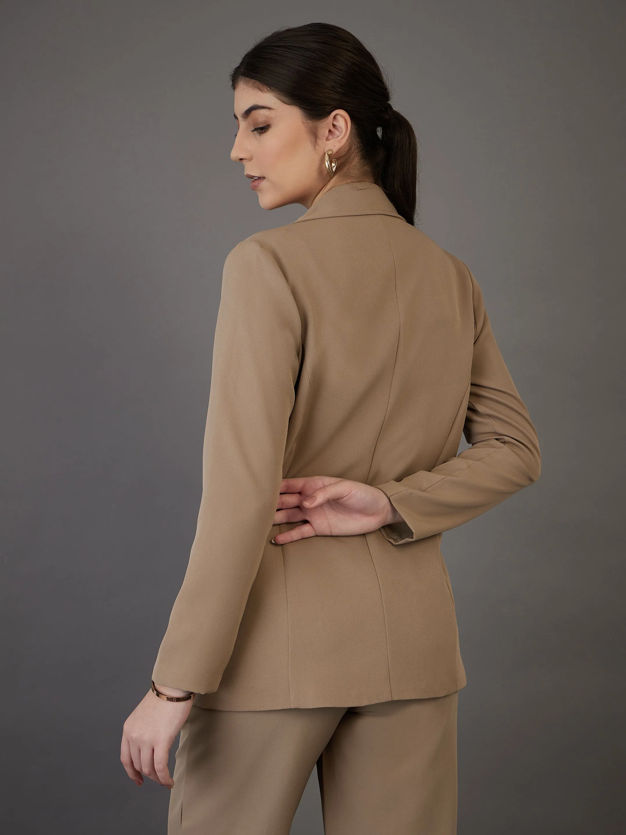 Women Beige Double-Breasted Blazer