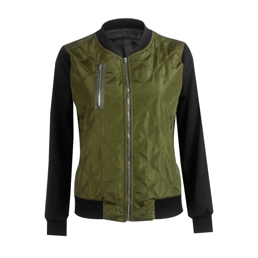 Women Fashion Zipper Up Flight BomberPatchwork Jacket Coat