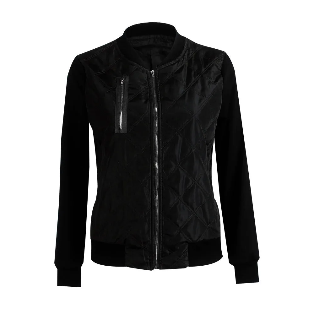 Women Fashion Zipper Up Flight BomberPatchwork Jacket Coat