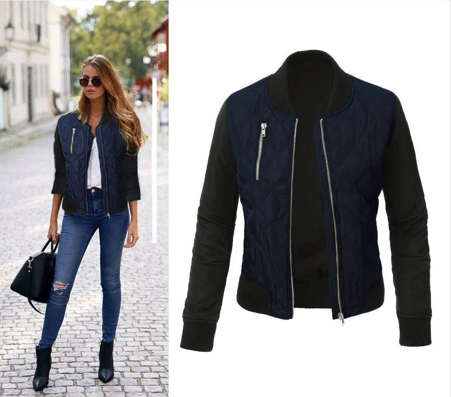 Women Fashion Zipper Up Flight BomberPatchwork Jacket Coat