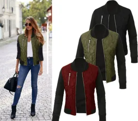 Women Fashion Zipper Up Flight BomberPatchwork Jacket Coat