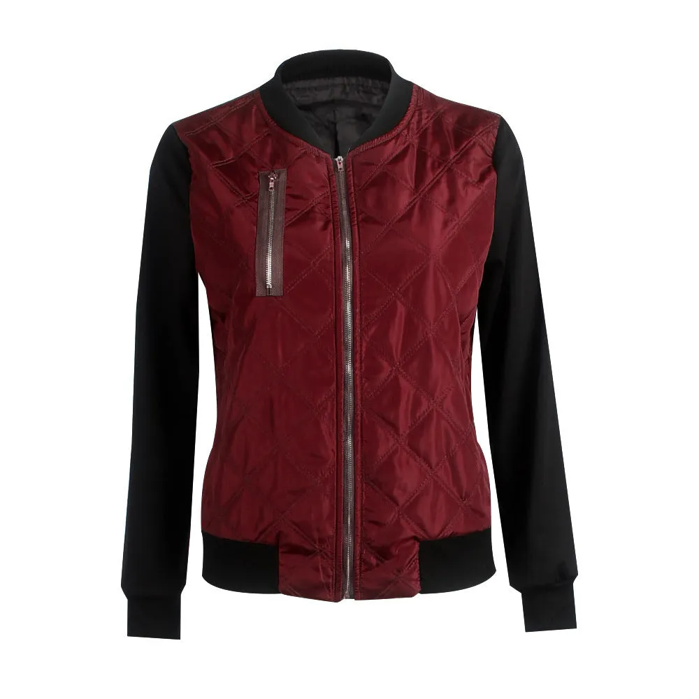 Women Fashion Zipper Up Flight BomberPatchwork Jacket Coat