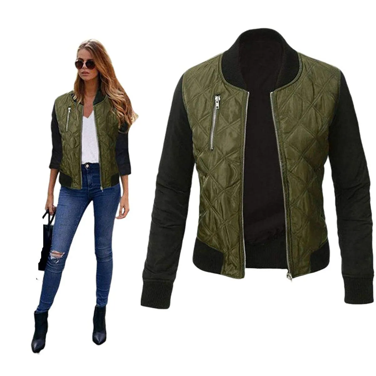Women Fashion Zipper Up Flight BomberPatchwork Jacket Coat