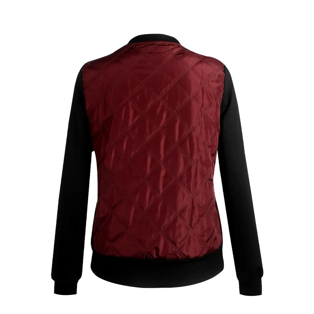 Women Fashion Zipper Up Flight BomberPatchwork Jacket Coat
