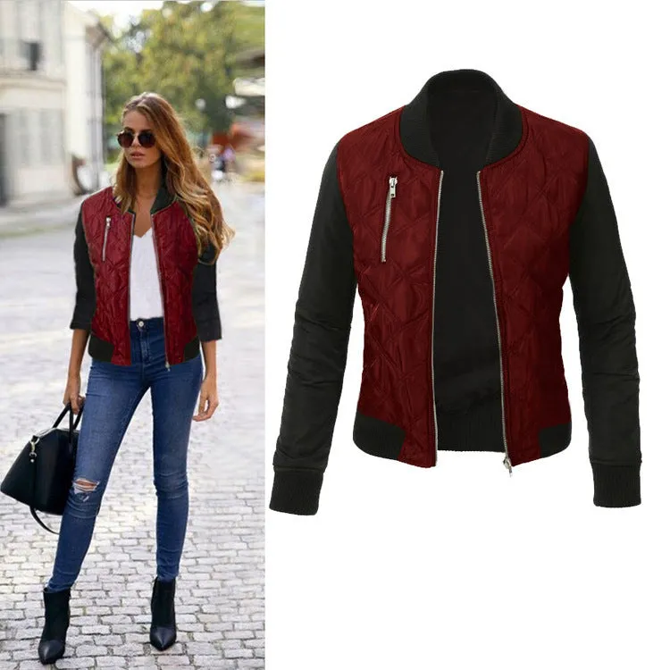 Women Fashion Zipper Up Flight BomberPatchwork Jacket Coat