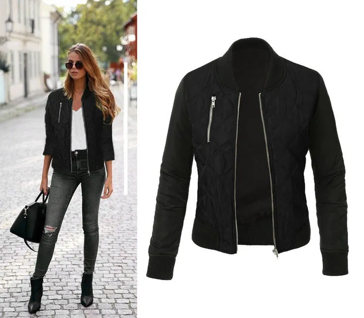 Women Fashion Zipper Up Flight BomberPatchwork Jacket Coat