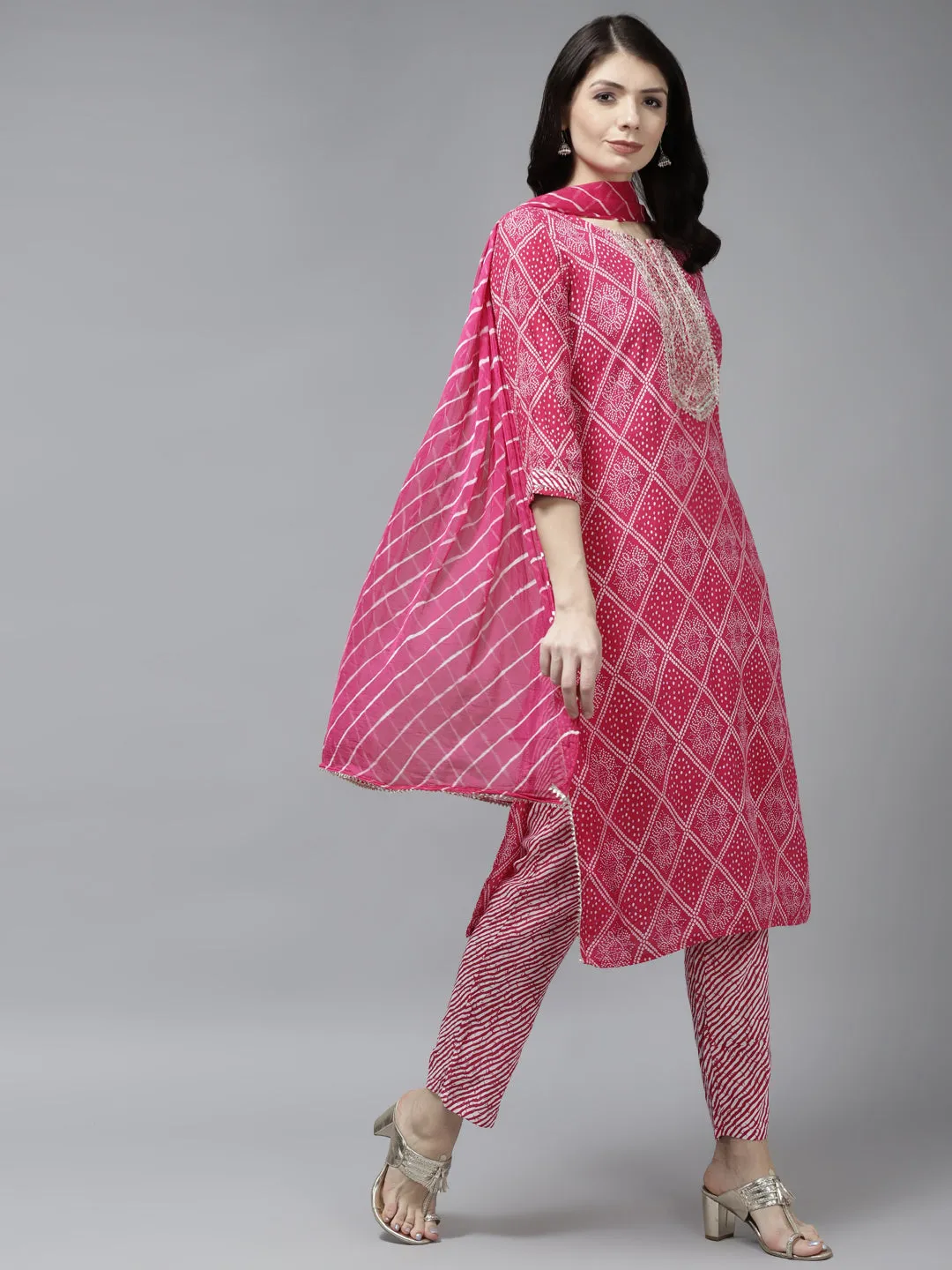 Women Pink Cotton  Kurta Set With Dupatta