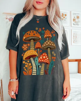 Women's 70's Mushrooms Comfort Colors® Shirt, Trendy Cottagecore Folk Art T-Shirt, Garment Dyed, Retro Inspired T-Shirt