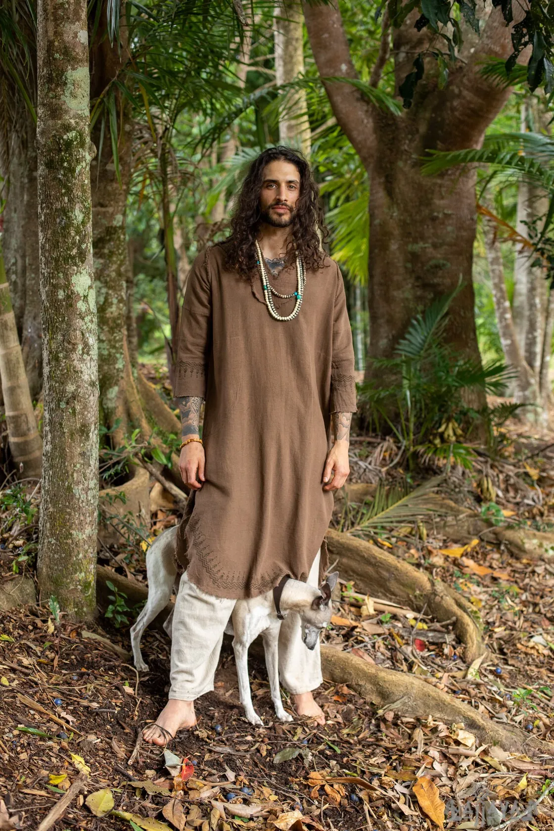 YOSEPH Brown Aramaic Gown Kurta Long Top Male Dress Shirt Biblical Natural Cotton Handwoven Block Print Natural Plant Dye Ceremony AJJAYA