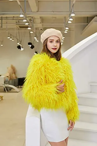 YUAKOU Women's Shaggy Faux Fur Outwear Coat Jacket Long Sleeve Warm Winter Black
