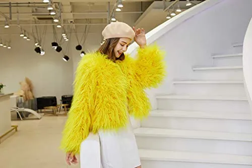 YUAKOU Women's Shaggy Faux Fur Outwear Coat Jacket Long Sleeve Warm Winter Black